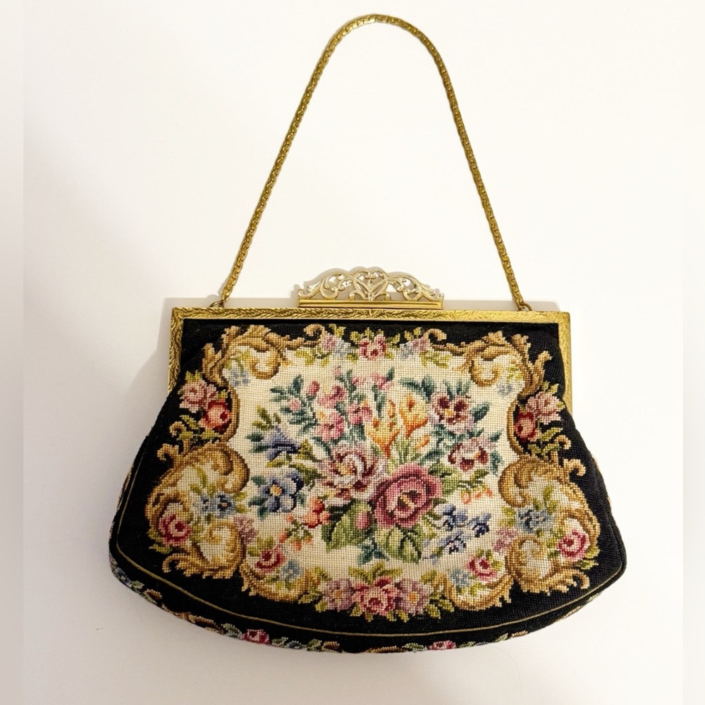 Vintage 1940s NBM Australian Petit Pointe Floral Tapestry Bag